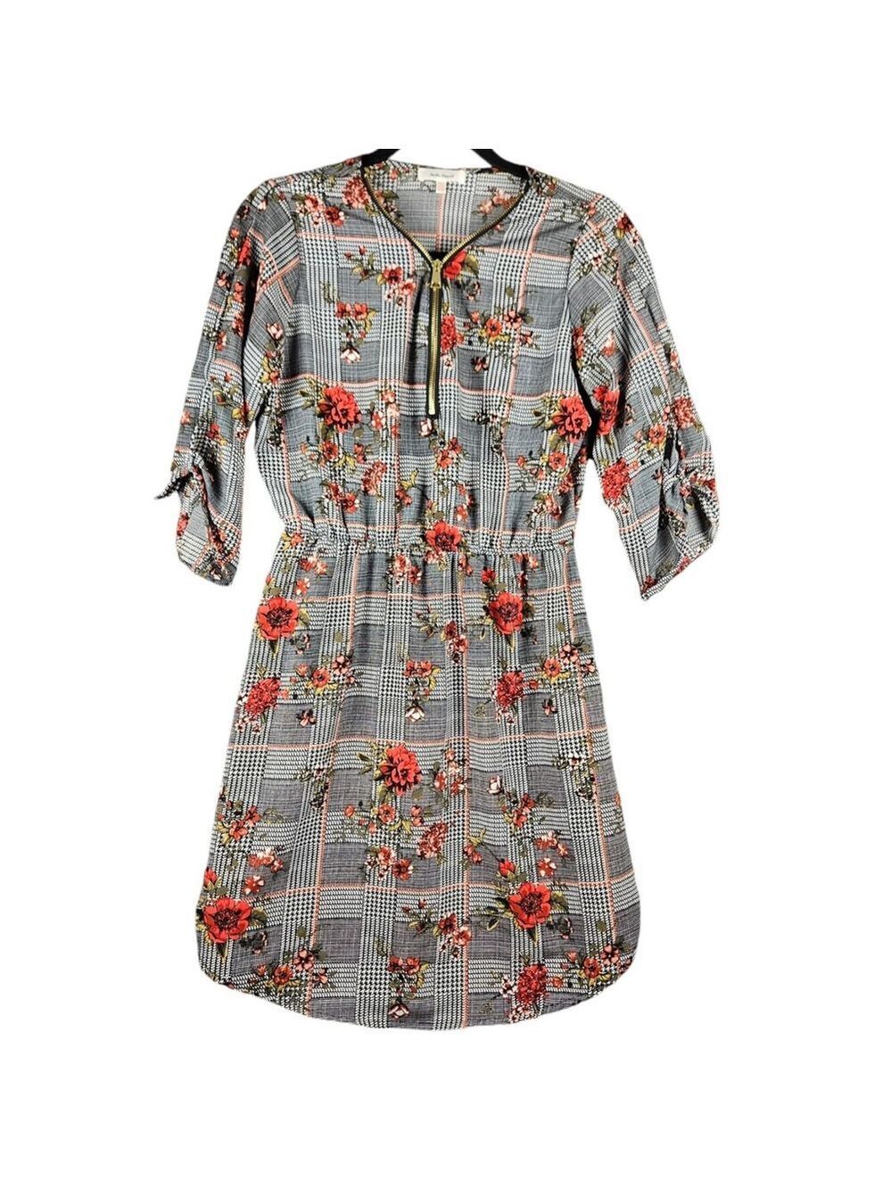 Stella Tweed Women’s Plaid Floral Dress - Size Small - 3/4 Sleeve Elastic Waist